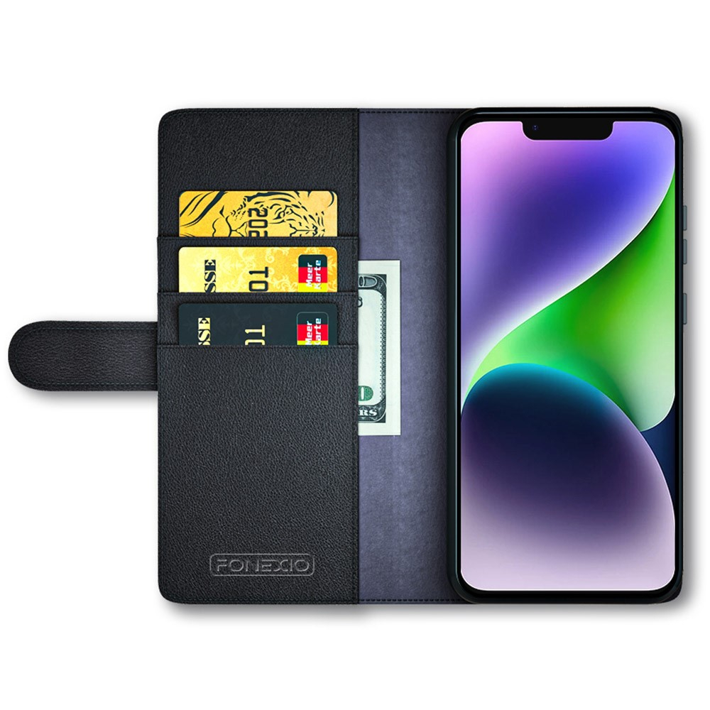 iPhone 15 Echtleder Tasche Flip Cover mit Kartenfächer - Schwarz
