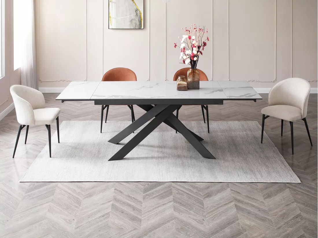 Table à manger extensible 6 à 10 personnes en céramique, verre trempé et métal - Effet marbre blanc et anthracite - COREMA de Maison Céphy