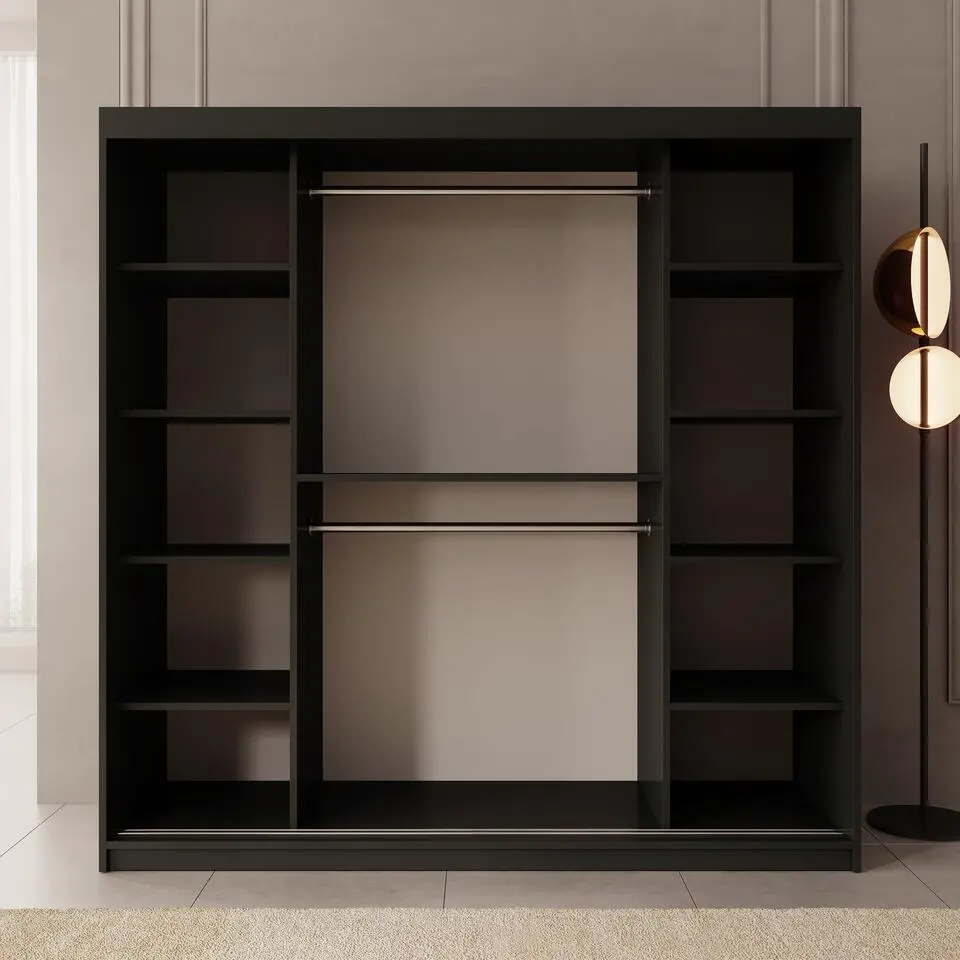 Meubella - Kledingkast Azai - Zwart - 200 cm - Met spiegel