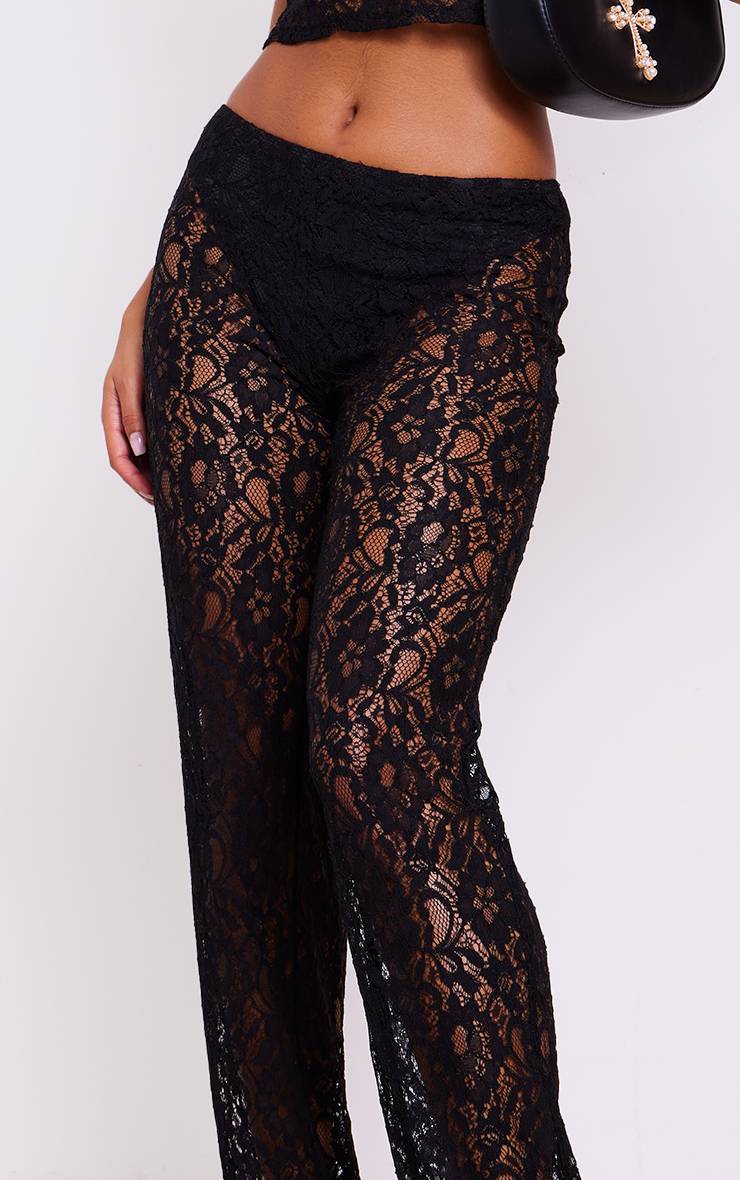 Noir Délavé Pantalon Évasé Taille Haute En Dentelle