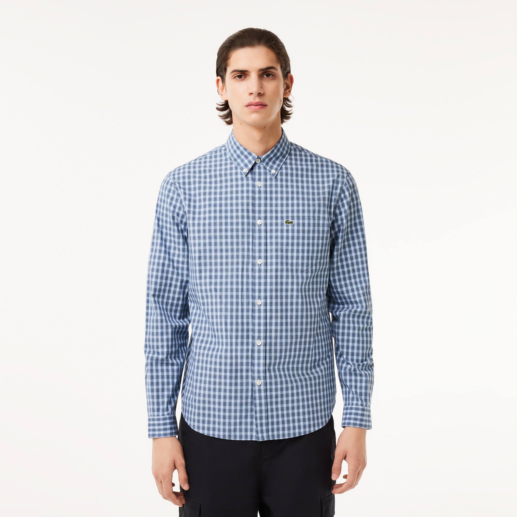 Chemise à carreaux en popeline Manches Longues - Bleu - Lacoste - Homme