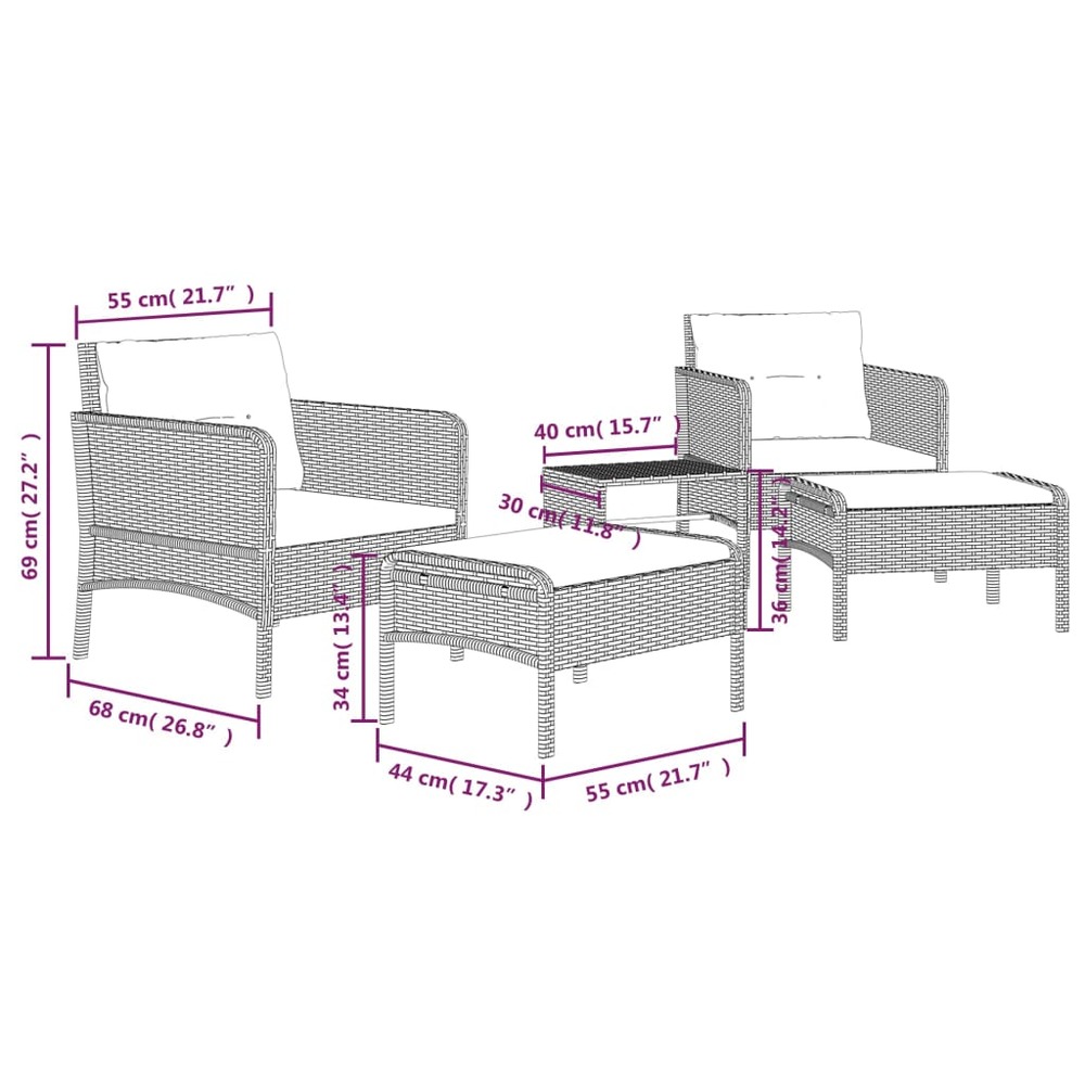 Salon de jardin meuble d'extérieur ensemble de mobilier 5 pièces avec coussins noir résine tressée