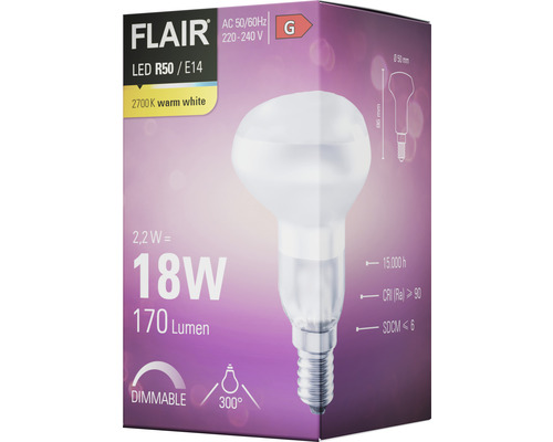 FLAIR LED reflectorlamp, dimbaar, R50 E14/2,2W (18W), 170 lm, 2700 K, warm wit, mat