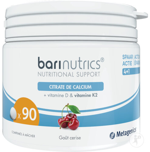 BariNutrics Citrate De Calcium Avec K2 Goût Cerise 90 Comprimés À Mâcher