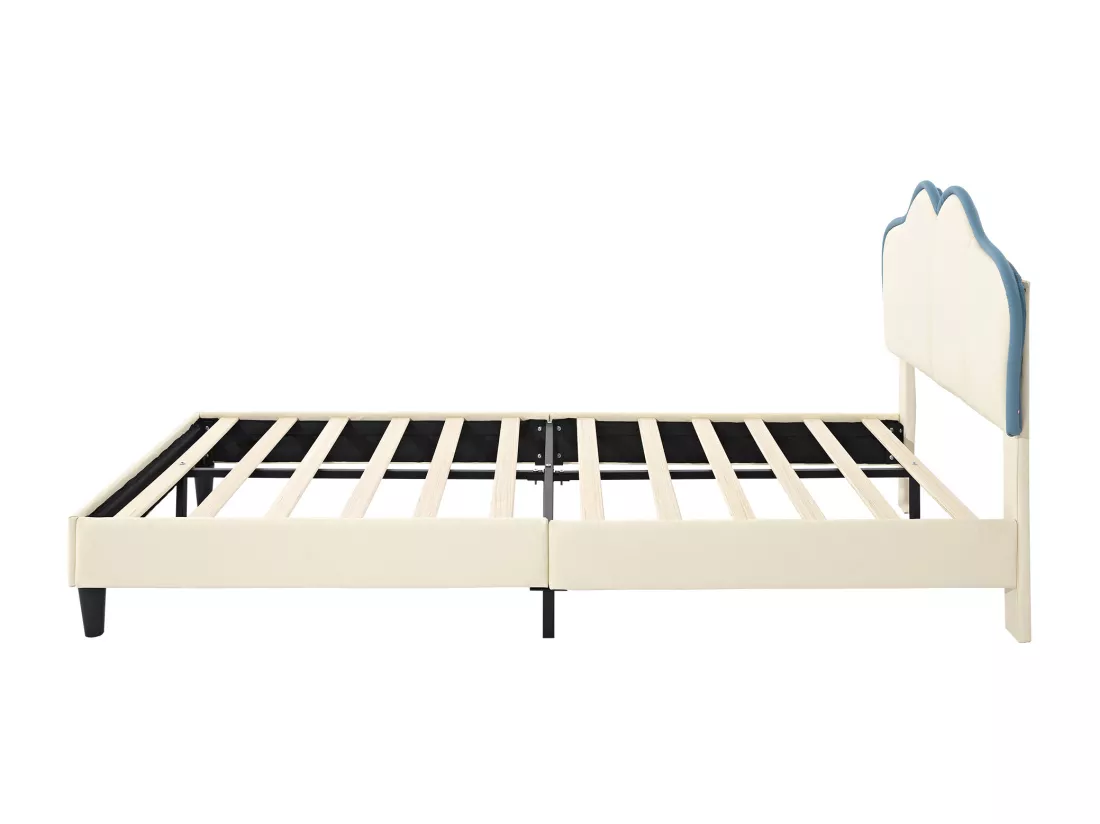Lit enfant 90x200 cm, avec bords de protection souples, tête de lit élégante, PU, blanc + bleu