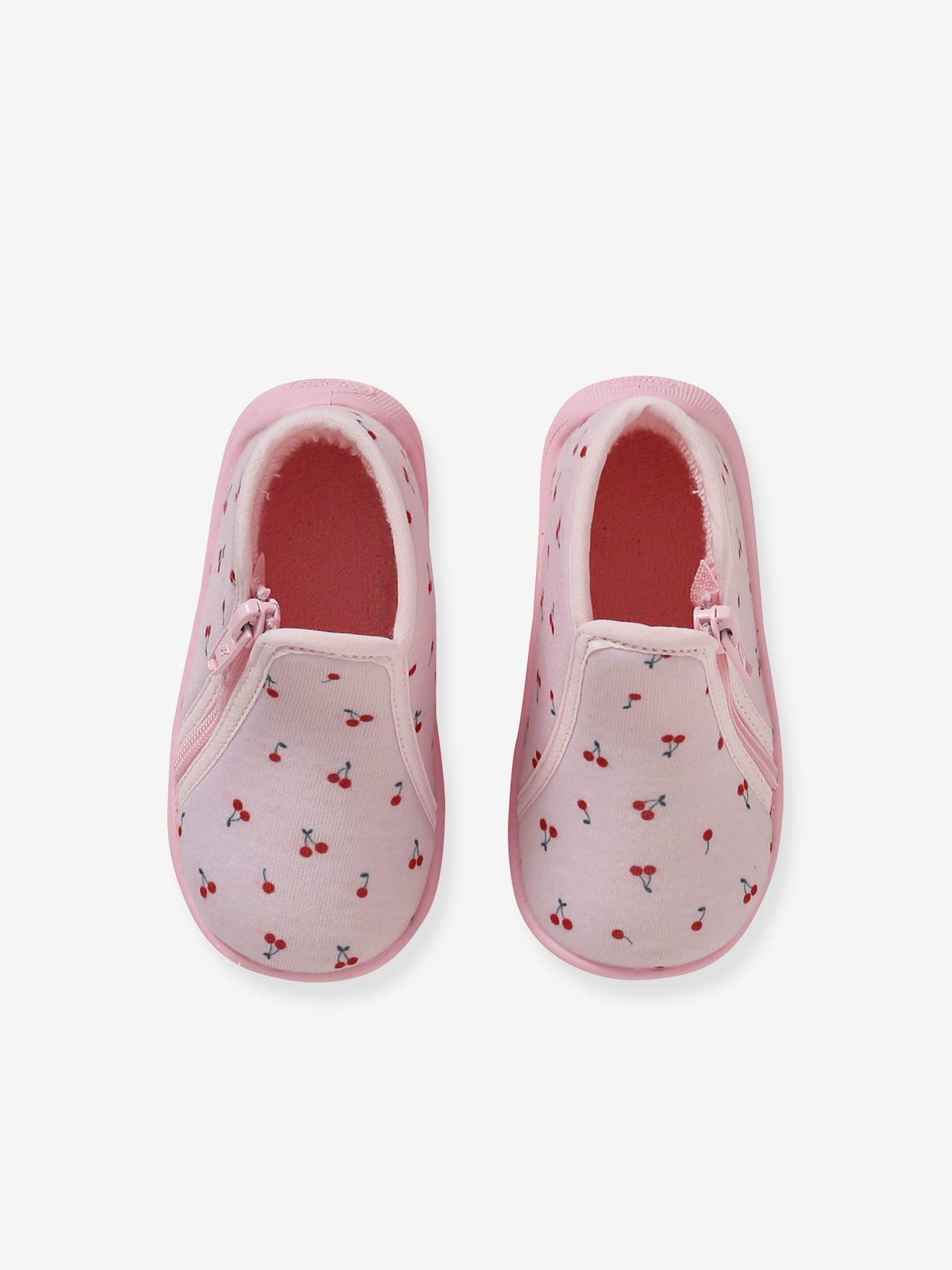 Pantufas de casa rosa para bebê com zíper, fabricadas na França.