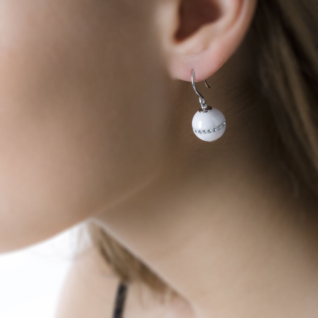 Boucles D'oreilles Pendantes Rose-blanche Argent Strass Et Céramique