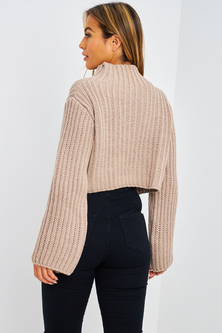 Pull court en grosses mailles beige foncé