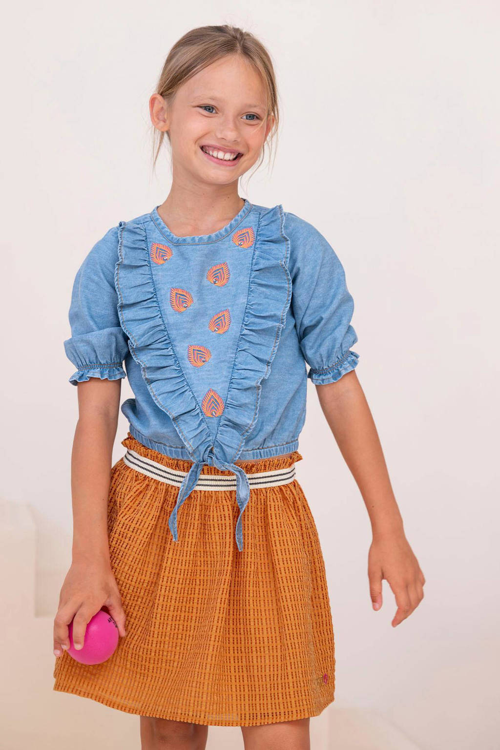 Like Flo top met printopdruk en borduursels lichtblauw