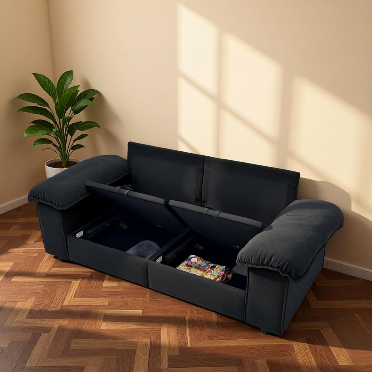 Sofa 2 Sitzer mit Stauraum, Ecksofa mit Schlaffunktion, Elegantes Skandinavisches Schlafcouch, Modernes Sofa Bed, Ist Kuschlig, für Wohnzimmer/Schlafzimmer/Büro, 201cm, Velvet, Schwarz