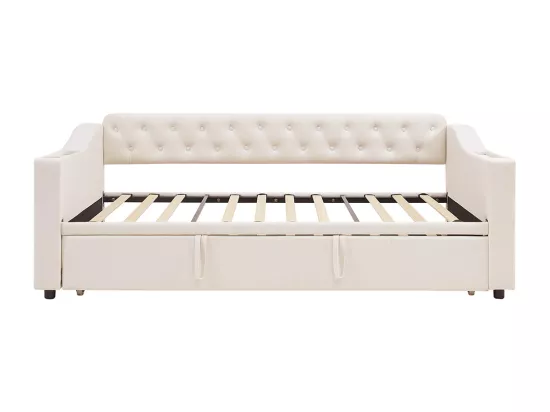 Lit gigogne 90/180x190 accoudoirs plus larges et plus épais avec port de chargement USB avec poches de rangement Velours Beige