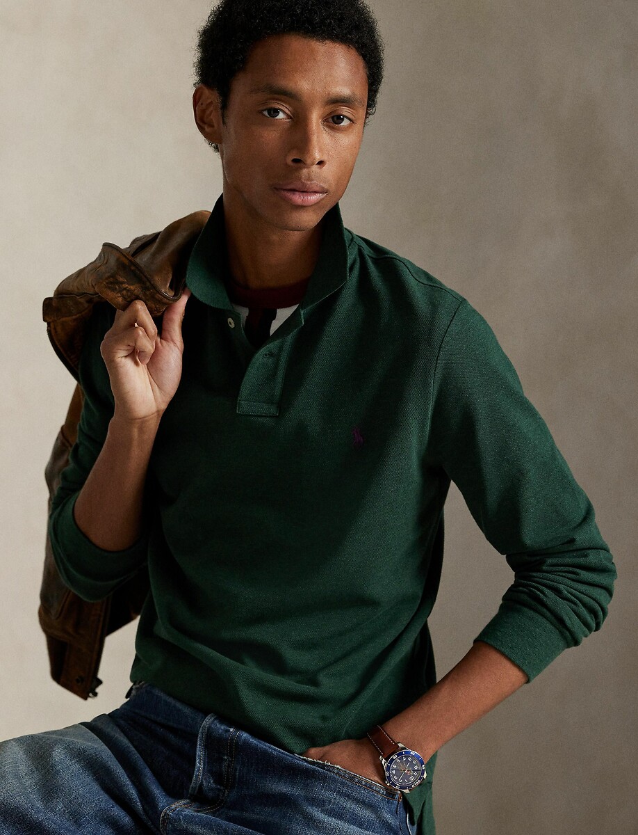 POLO RALPH LAUREN<br>Polo de manga comprida com corte justo em piqué