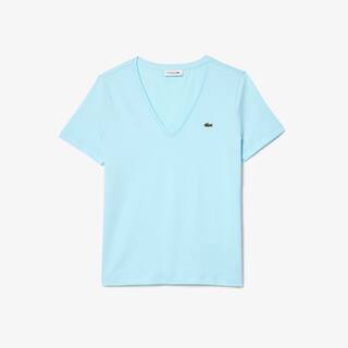 T-shirt à col V loose fit en coton uni T-Shirts - Bleu - Lacoste - Femme