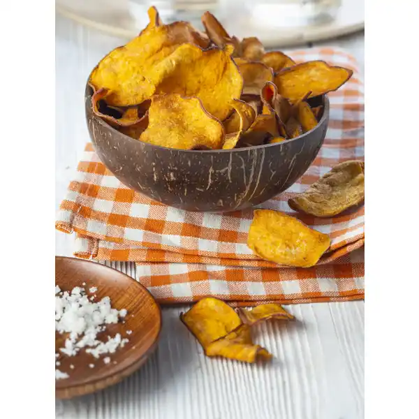 bio gemüse chips, süßkartoffeln mit meersalz