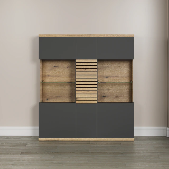 INOSIGN Highboard »Galway« Breite Wohnzimmervitrine in angesagter Rillenoptik - Soft-Close