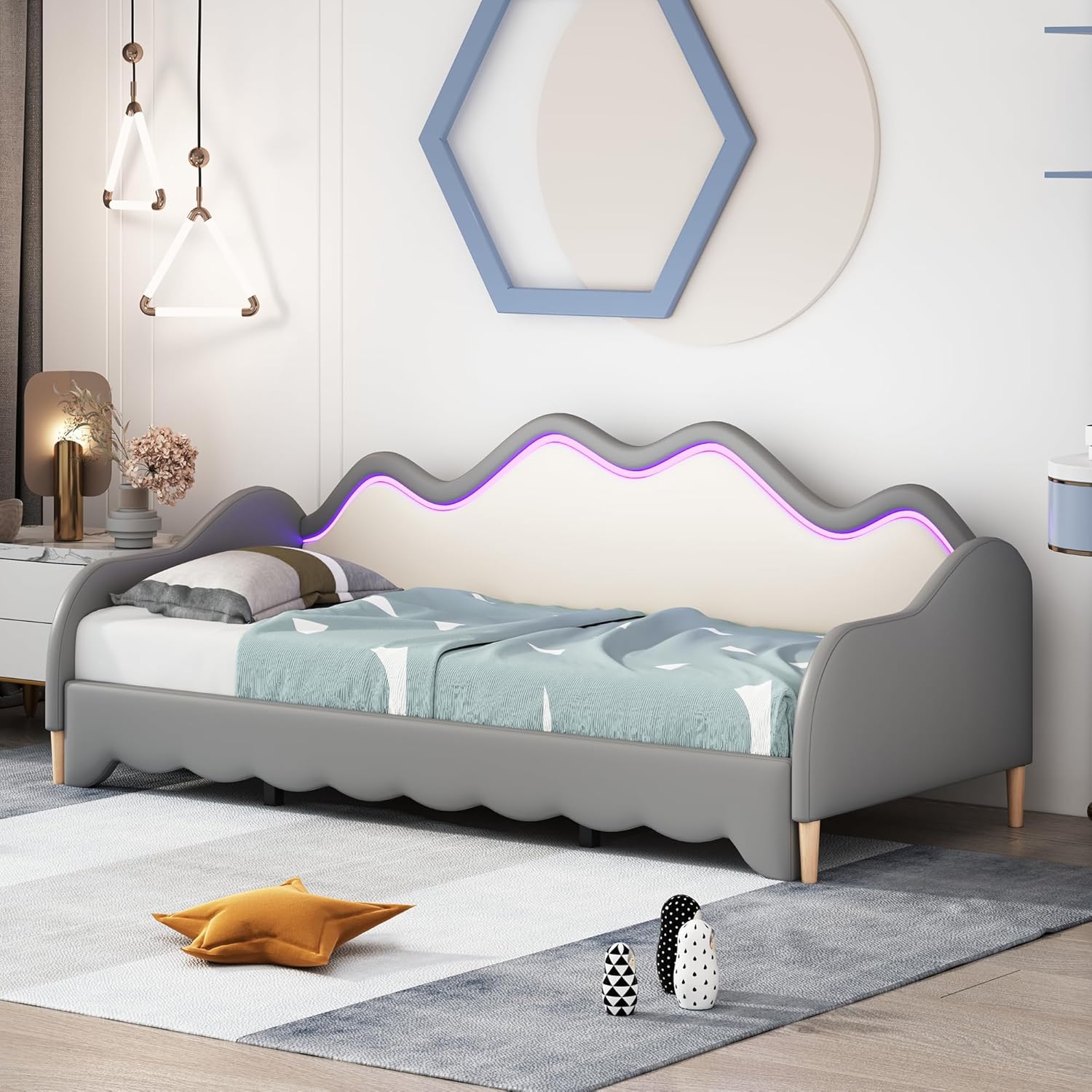 okwish Schiebebett Kinderbett Polsterbett Schlafsofas 90/180x190 cm Einzelbett/Doppelbett, Ausziehbett Jugendbett mit LED, Daybett Gästebett mit Lattenrost & Armlehnen, Kunstleder Grau(Ohne Matratze)