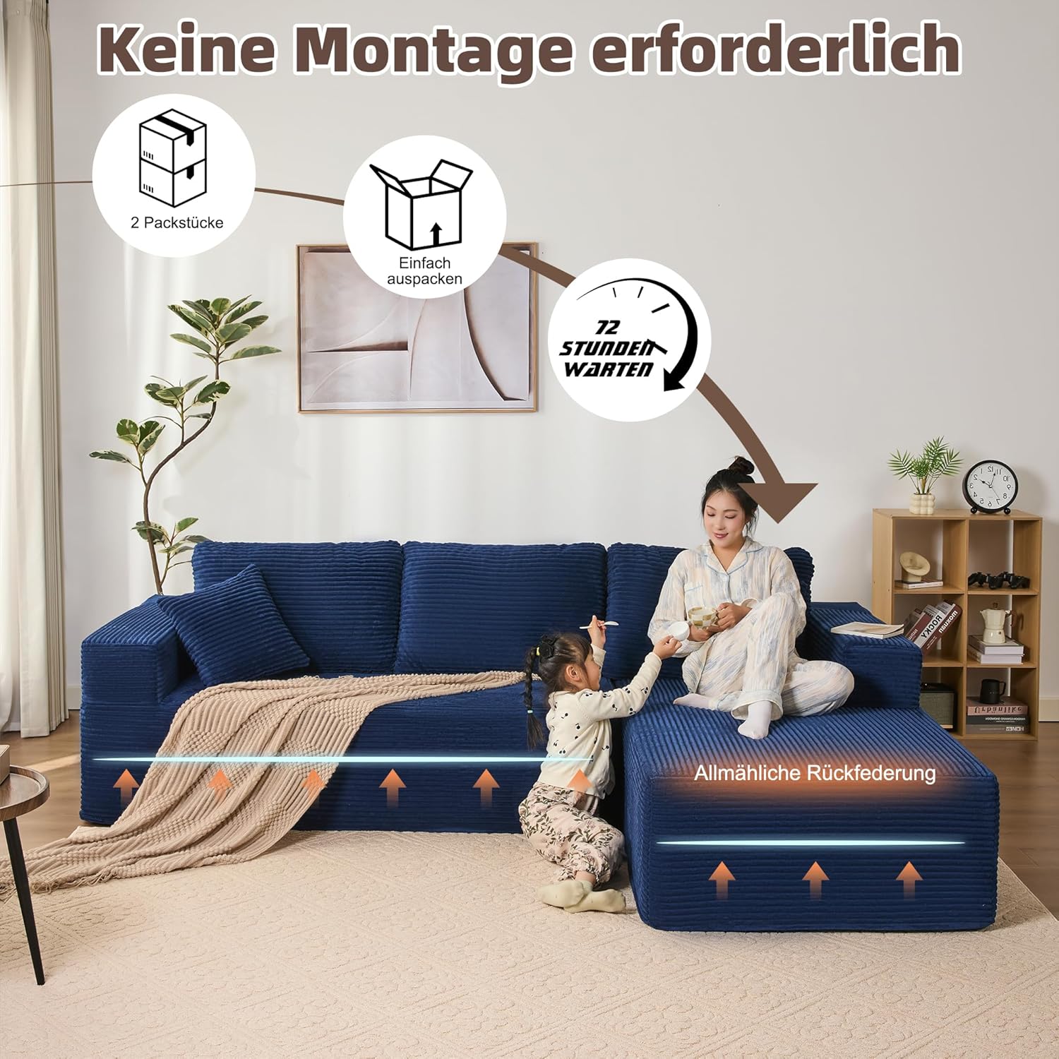 Modulares L-förmiges Ecksofa mit Schlaffunktion – rahmenloses Schlafsofa mit Chaiselongue rechts, extra tiefer Sitzfläche, montagefrei, für Wohnzimmer,Navyblau