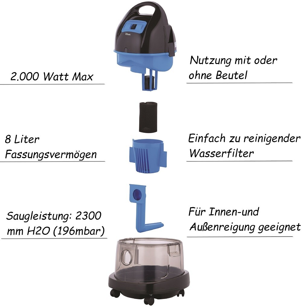 Zilan Staubsauger m. Wasserfilter Nass/Trocken Sauger 8L 2000W blau