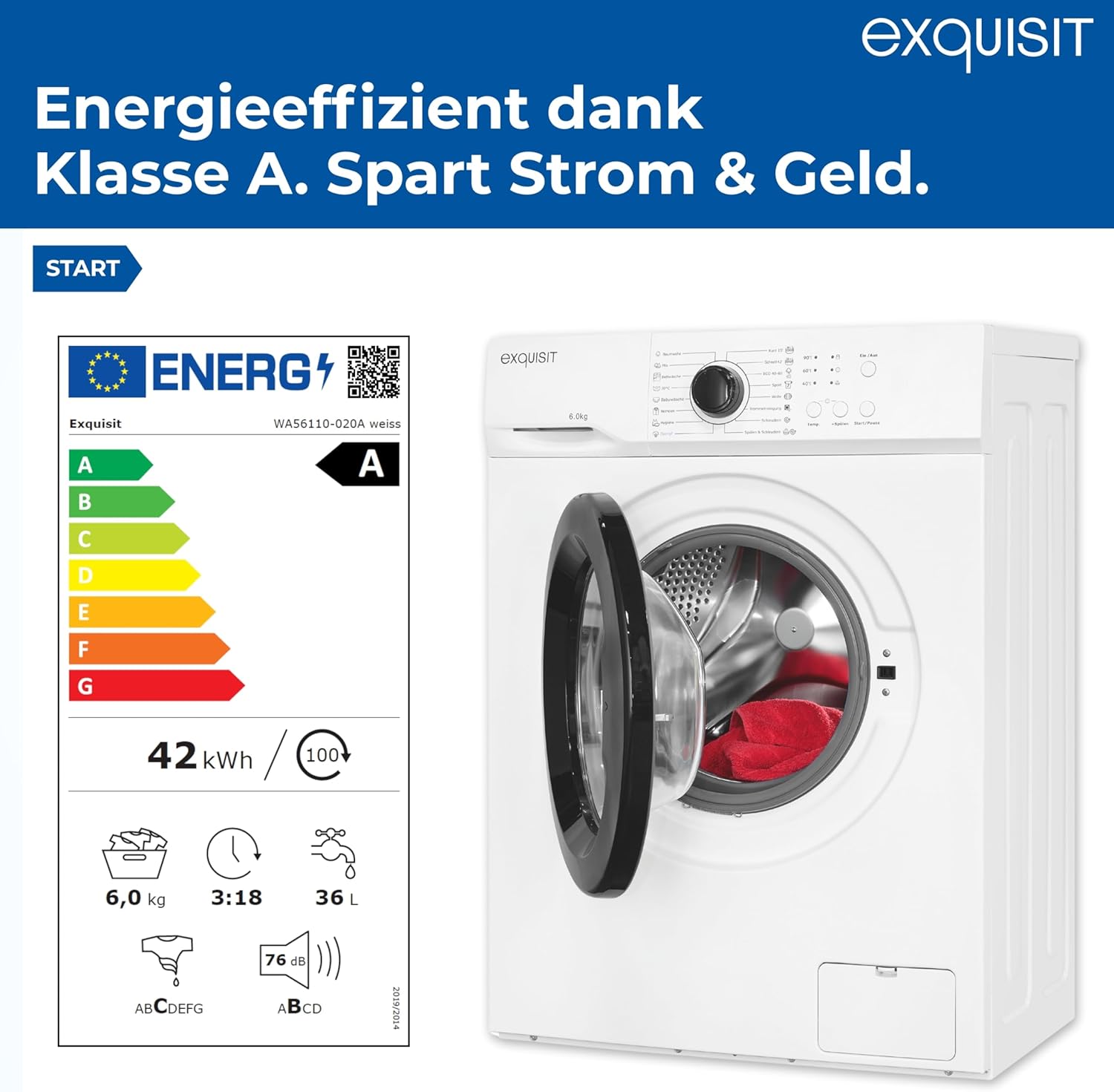 Exquisit Waschmaschine | 6 kg Nennkapazität, 1000 U/Min, Energieklasse A, 76 dB(A), 85 x 60 x 44 cm | 16 Programme, Eco 40-60, Kurzprogramm, manuelle Temperaturwahl, Aquastop | WA56110-020A weiss