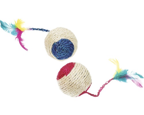 Karlie kattenspeelgoed sisalbal met veer en rammelaar, 6 cm, willekeurige kleurselectie