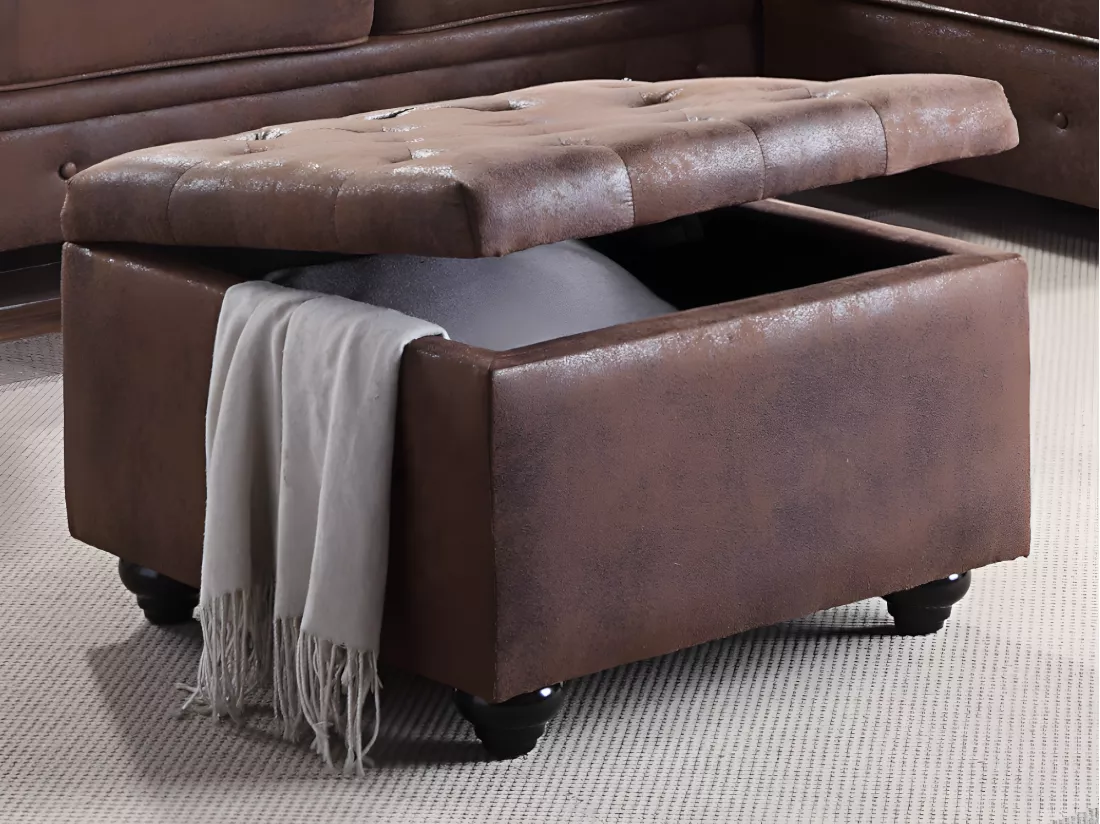 Pouf avec coffre en microfibre vieillie LOMAI - Marron