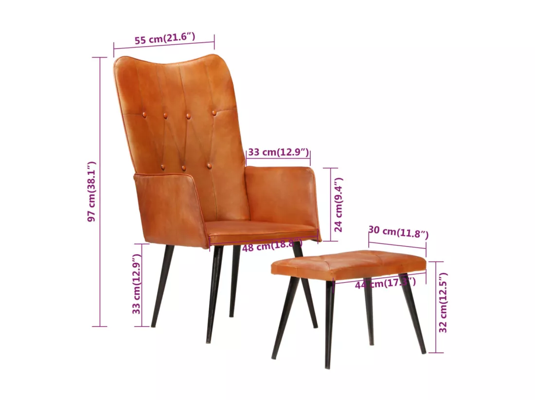 Fauteuil à oreilles avec repose-pied Brun roux Cuir véritable