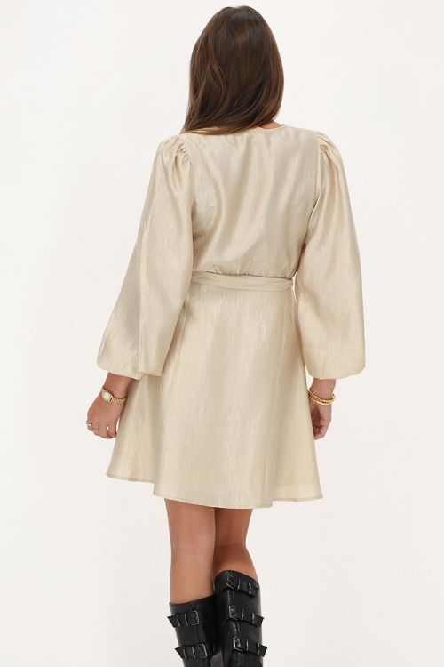 Taupe jurk met overslag satijnen look