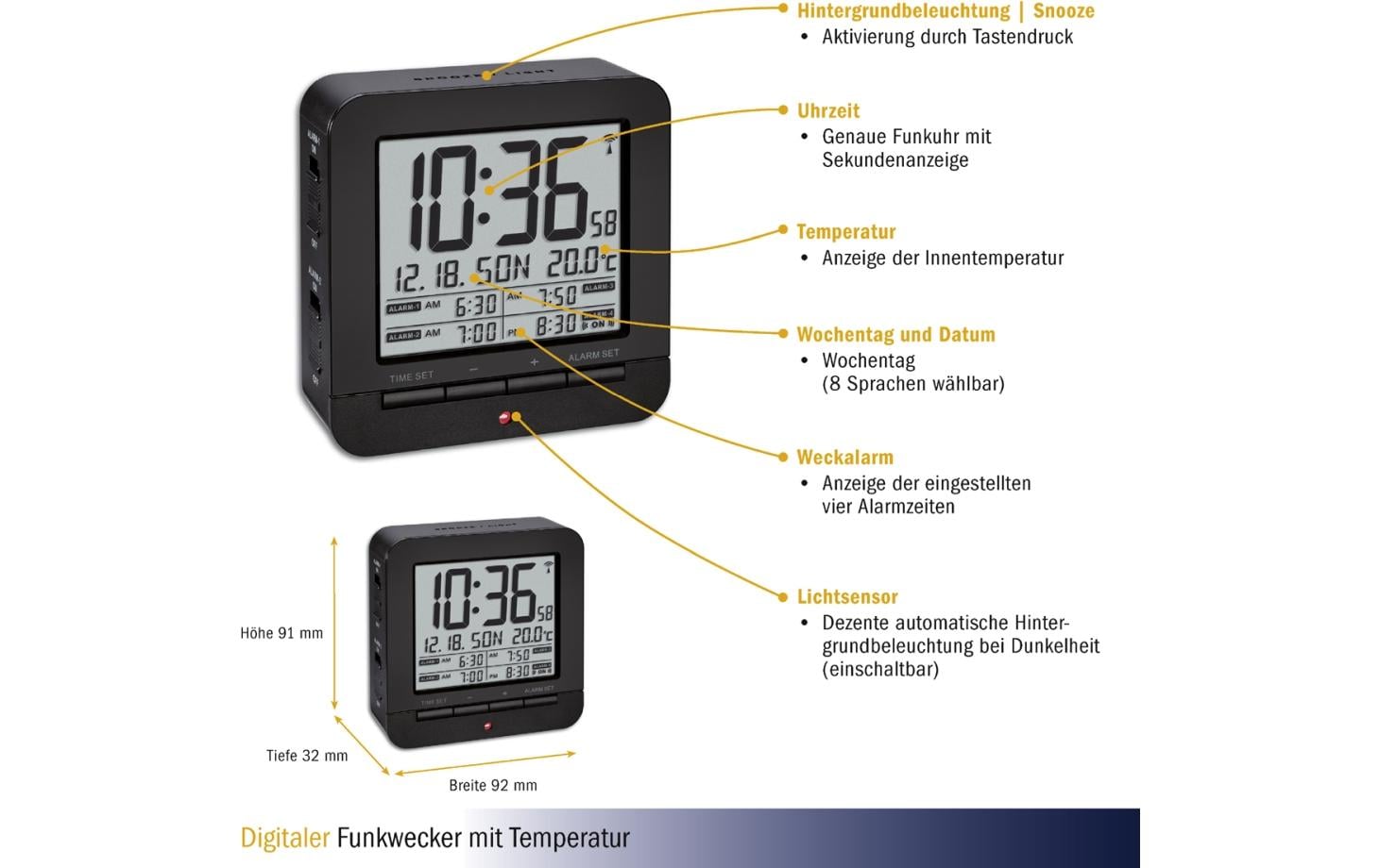 Digitalwecker mit Temperaturanzeige SchwarzFunktwecker mit Snooze-Funktion