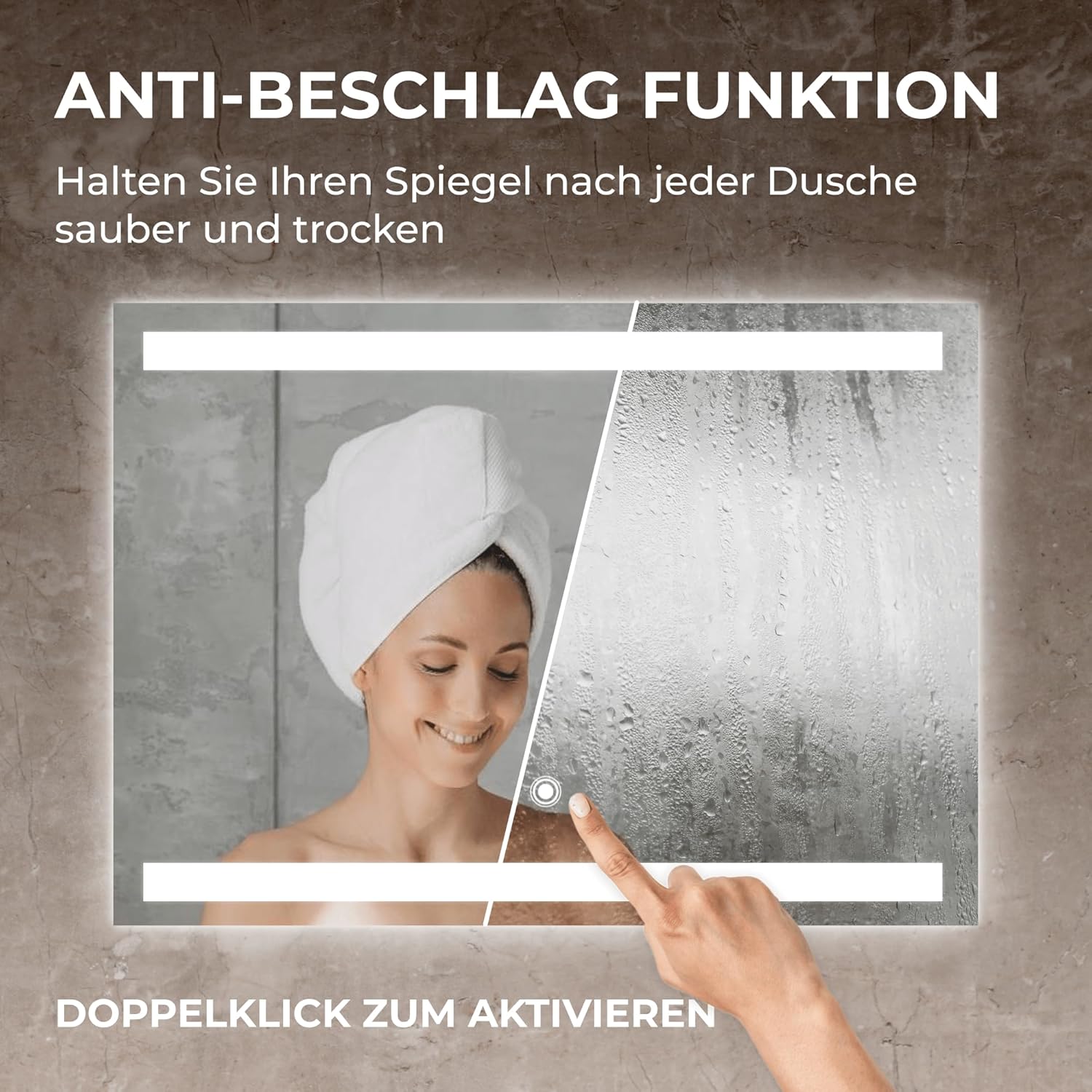 BR Bringer LED Badspiegel - 70x50 cm - Badezimmerspiegel mit Beleuchtung und Anti-Beschlag Funktion - Dimmbar, Energiesparend, 3 Lichtfarben, Touch-Schalter und Speicherfunktion (Modell: BRS106)