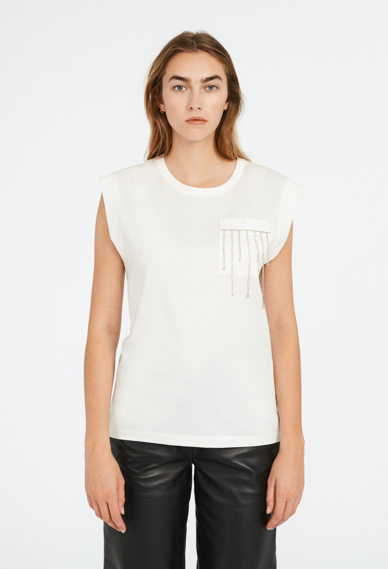 T-shirt coton &agrave; poche strassee