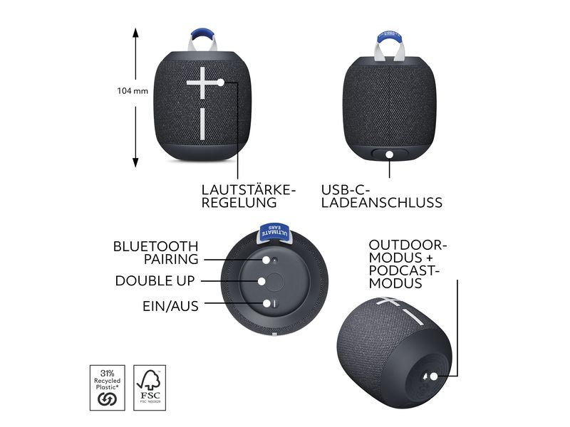 Ultimate Ears Bluetooth Speaker WonderBoom 4 Schwarz Wasserfester, kompakter Bluetooth-Lautsprecher mit bis zu 14 Stunden Akkulaufzeit