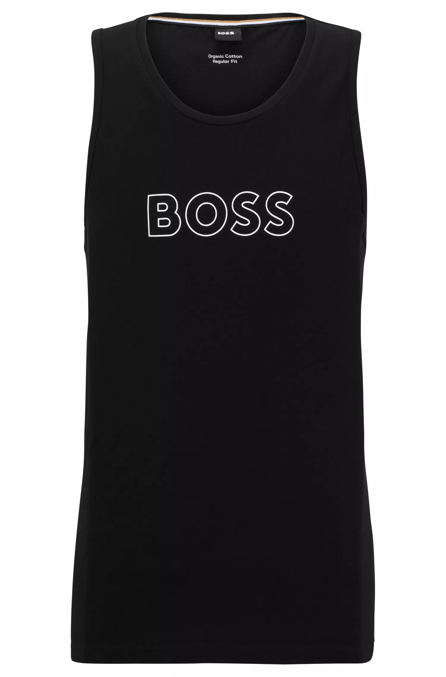Regata preta BOSS em malha de algodão com logo em contorno.