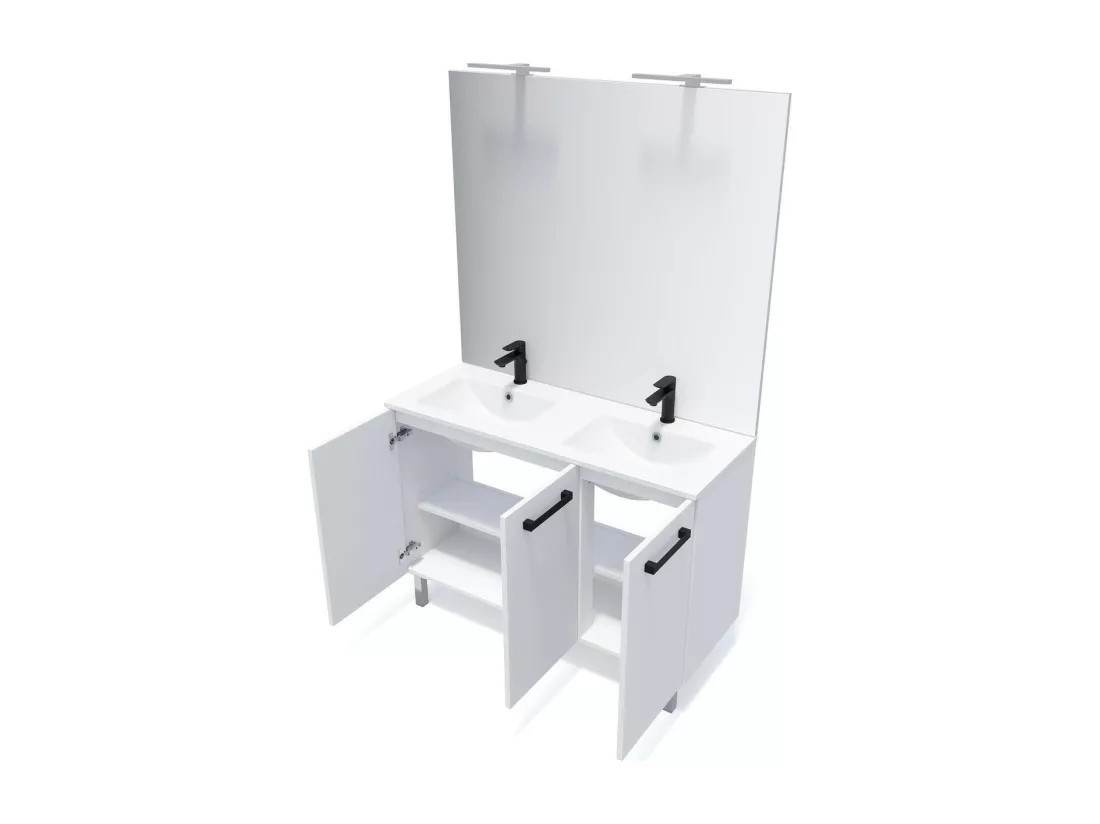 Meuble de salle de bain suspendu avec pieds double vasque intégrée 120cm 3 portes Blanc - Chelsea
