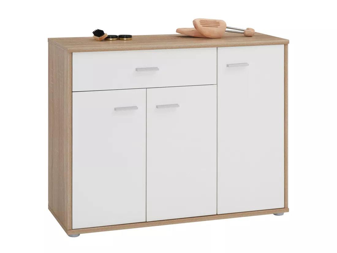 Meuble à chaussures CAMILLE, commode meuble de rangement avec 1 tiroir et 3 portes, en mélaminé décor chêne sonoma et blanc mat