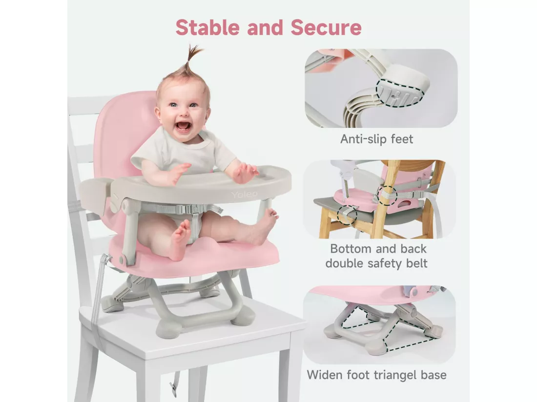 YOLEO Réhausseur Chaise Enfant Pliable,Chaise Haute Bébé Portable, Bébé Chaise repas en Hauteur Réglable,Plateau Amovible,6 mois à 3 ans,Rose