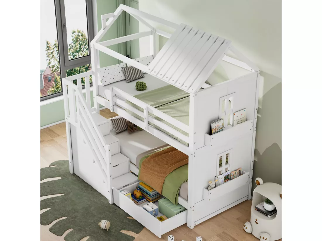 Lits superposés cabane, 2x90x200cm, avec espace de rangement escaliers et tiroirs et étagères