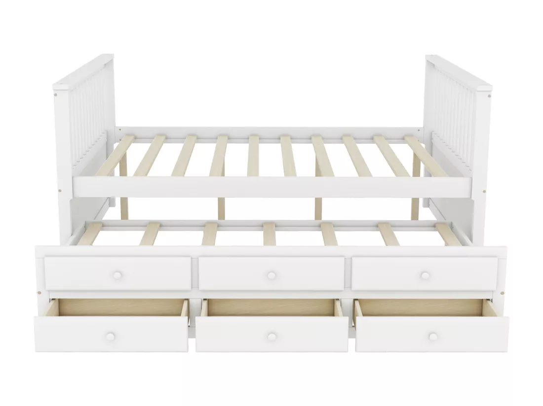 Lit gigogne 140 x 200 cm + 90 x 190 cm avec 3 tiroirs - bois de pin + MDF - blanc
