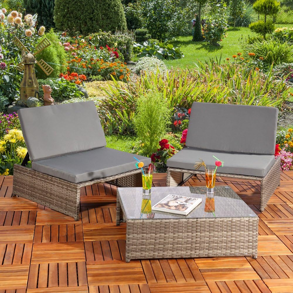 Mucola Gartenmöbel-Set 3-teilig – Polyrattan Lounge mit 2 Sesseln & Tisch, wetterfest & robust, Sonnenliege kombinierbar, grau, Outdoor Möbel für Terrasse, Balkon & Garten