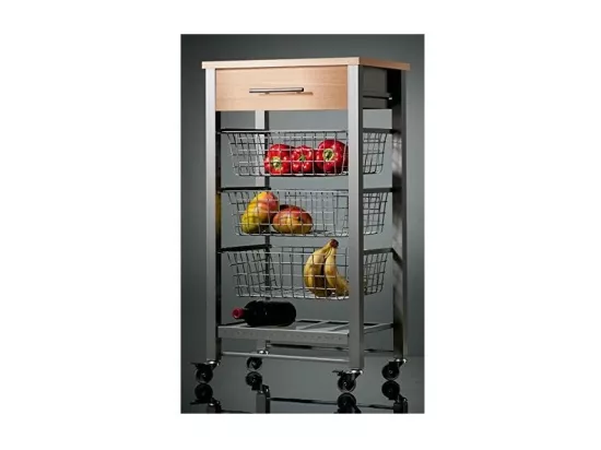 Desserte de cuisine, Chariot de rangement à roulettes - couleur Gris Inox - Hêtre - 88,5*48*33 cm - DIANA