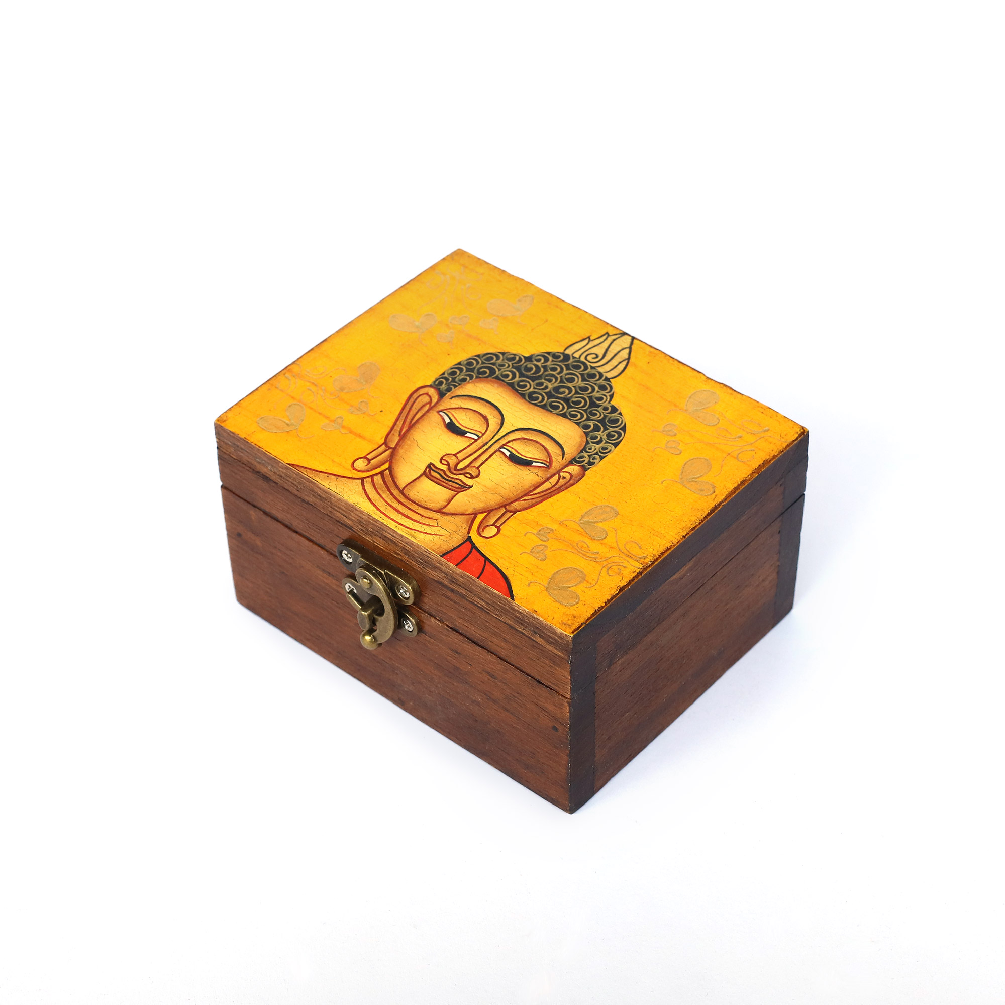 Holzschatulle 'Buddha gelb', Teak, B 12,5 cm, H 7 cm, L 10 cm von fischer's lagerhaus