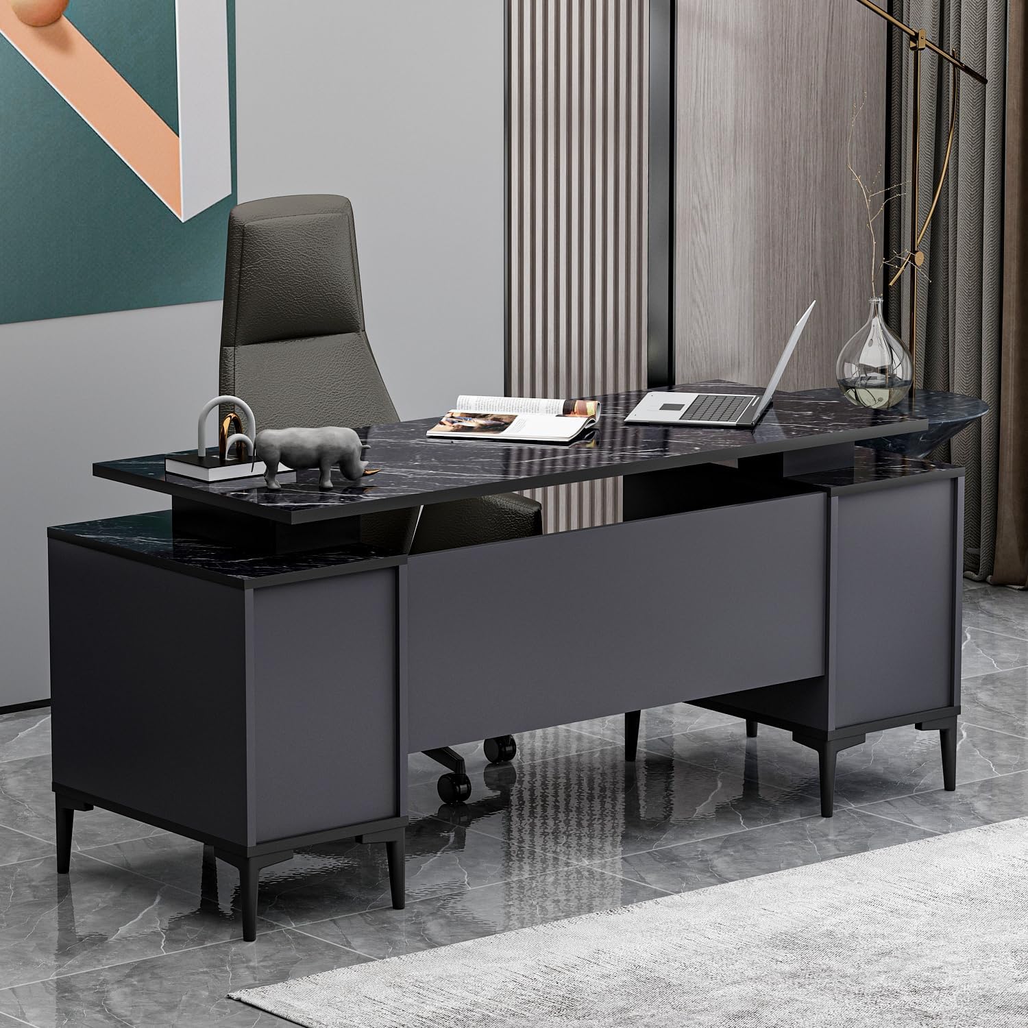 Homidea Branco Chefschreibtisch – Moderner Bürotisch mit Stauraum (Anthrazit-Schwarzer Marmor)