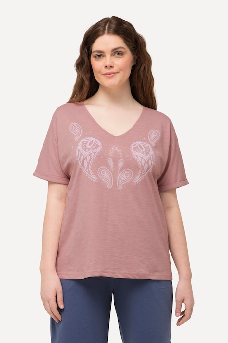 T-Shirt, Flockdruck, V-Ausschnitt, Halbarm, Biobaumwolle