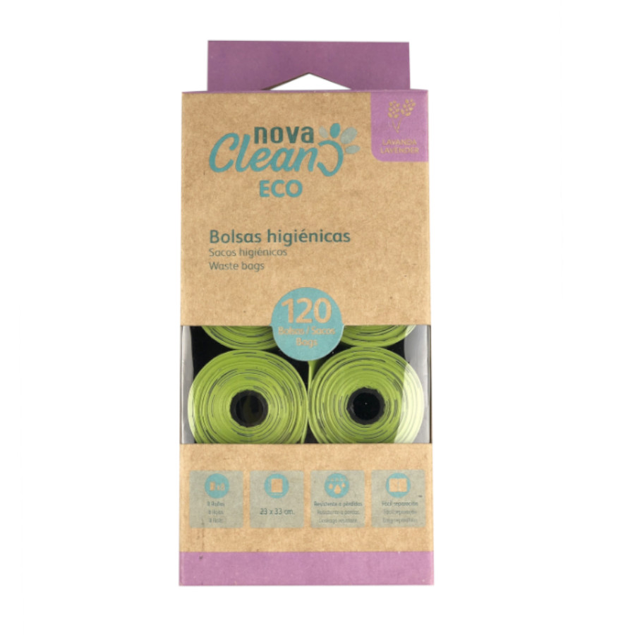 Sacos ecológicos Nova Clean com aroma de lavanda para recolher fezes de cachorro.
