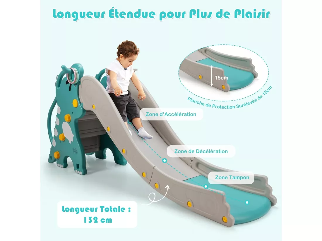 4 en 1 Toboggan Enfants en Forme Dinosaure avec Panier de Basketball, Toboggan Extérieur Intérieur en HDPE avec Jeu de Lancer d'Anneaux, Charge 50kg pour 1-6 Ans, 188x65x80 cm