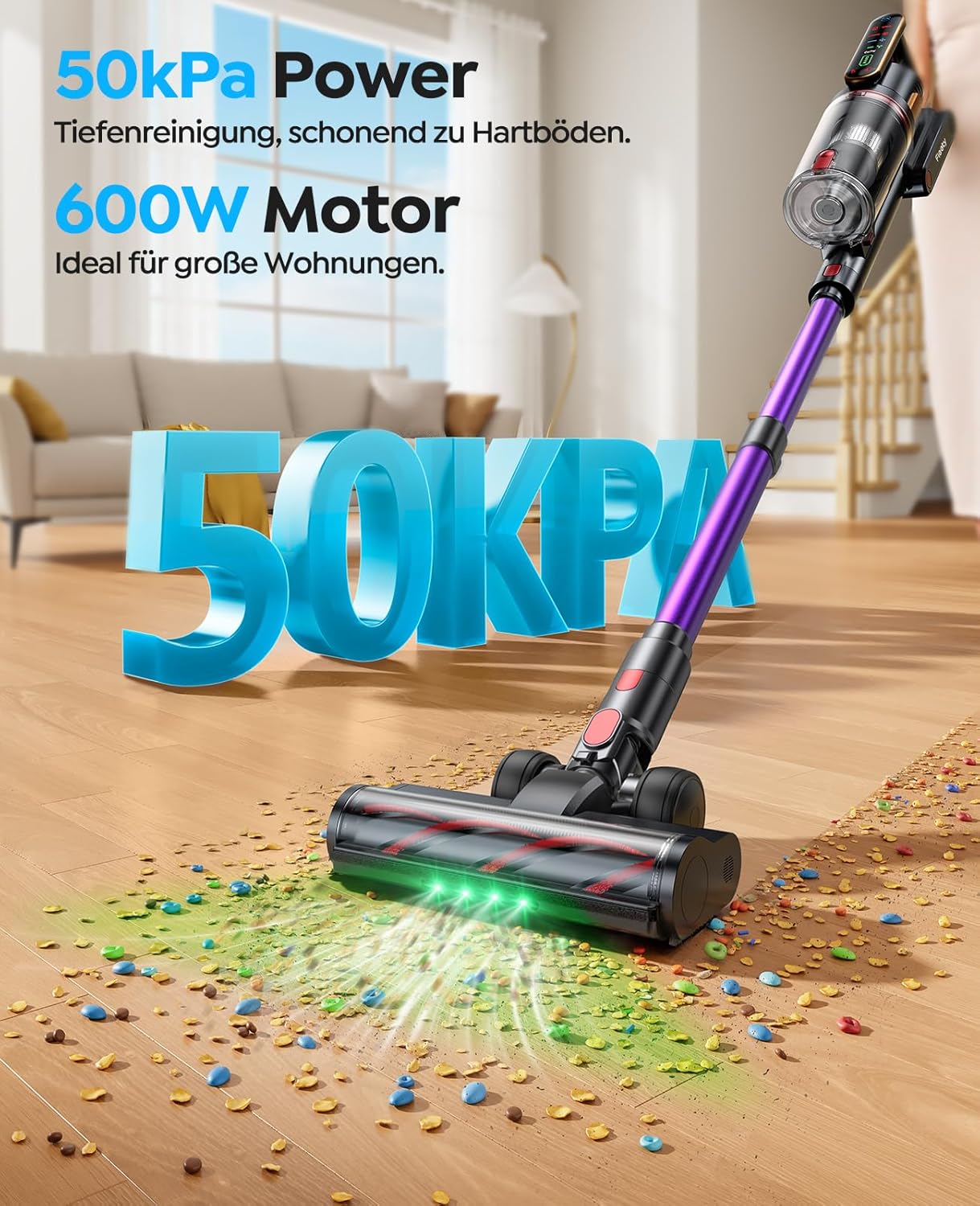 Fieety Akku Staubsauger 600W/50kPa/65Min, Staubsauger Kabellos mit Tierpflegebürste, 1M Schlauch, Wandladestation, 8-Schicht-Filtration Aromatherapie Ultraleise für Tierhaare, Teppich, Hartböden, Auto