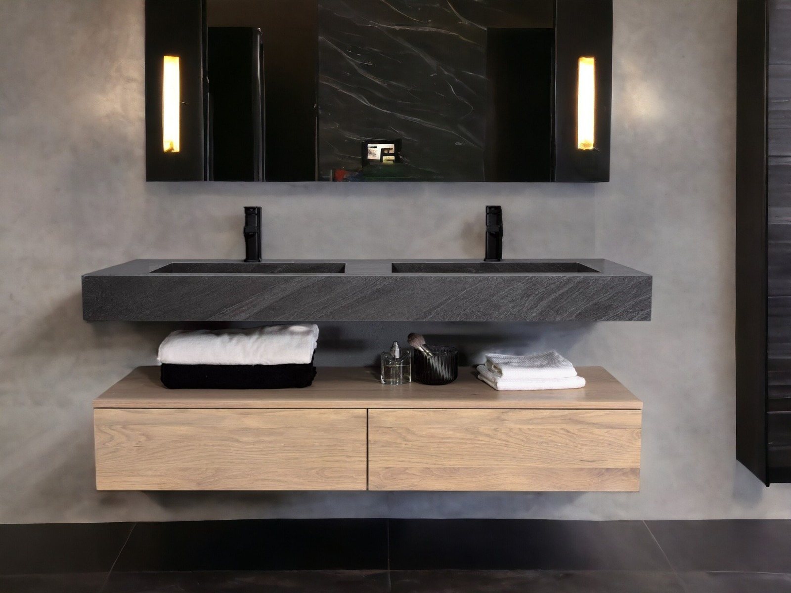 B-Stone LC eiken wastafel onderkast met grijze sintered stone dubbele wastafel 150cm 2 lades