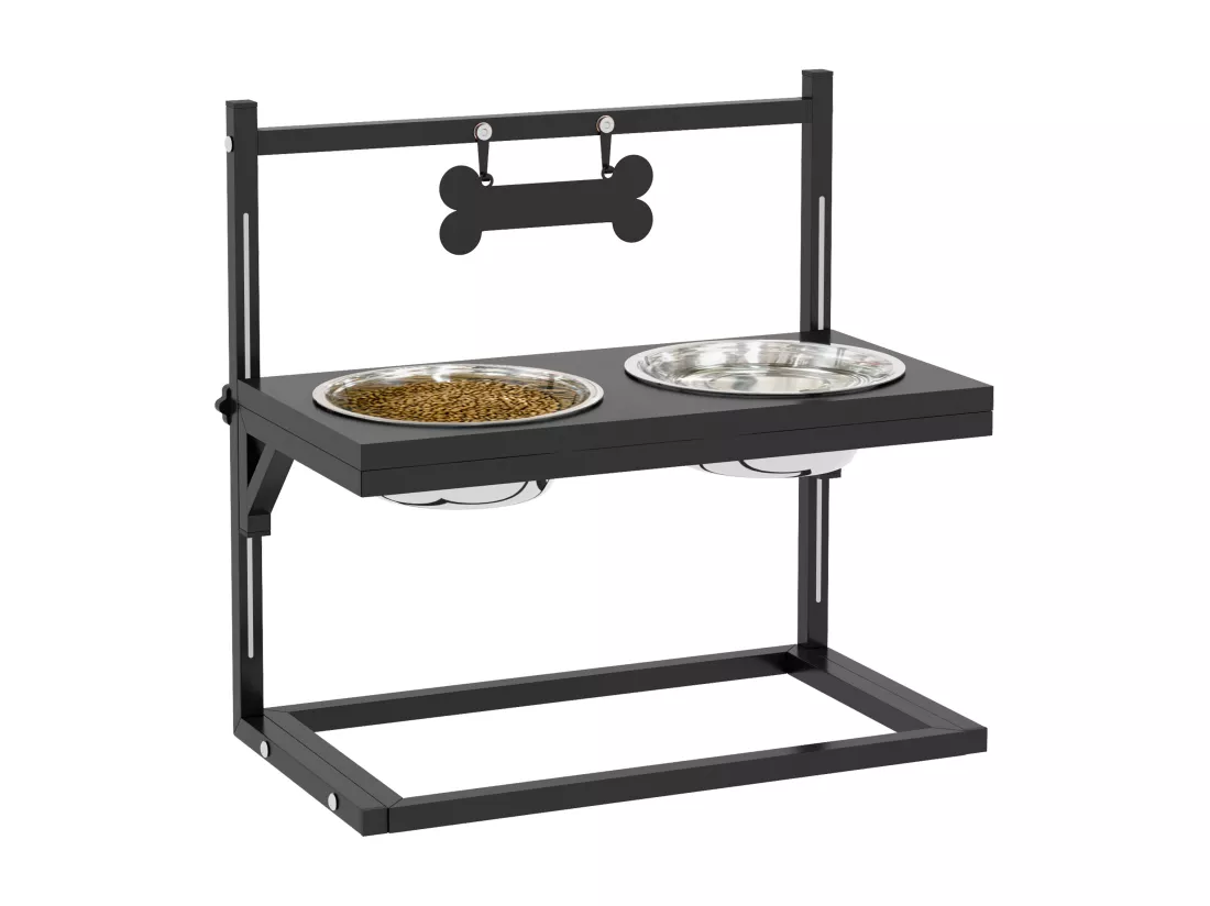 Gamelle double chien porte-gamelles surélevé hauteur réglable 2 gamelles acier inox. incluses métal noir