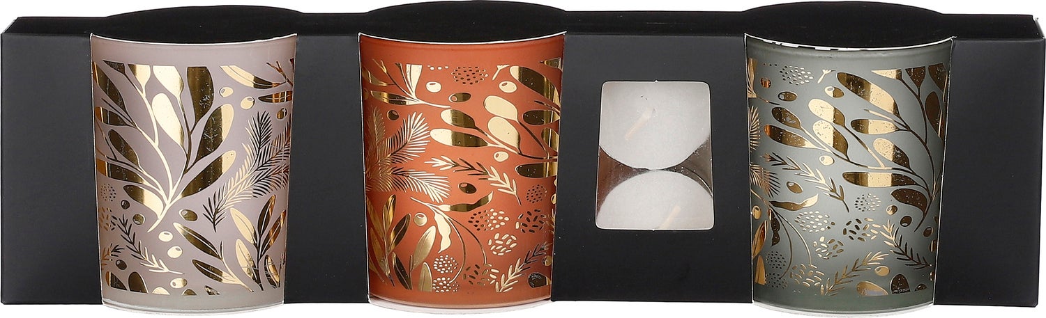 House of Seasons waxinelichthouder set wit / oranje / groen D 7 H 8 cm 3 stuks