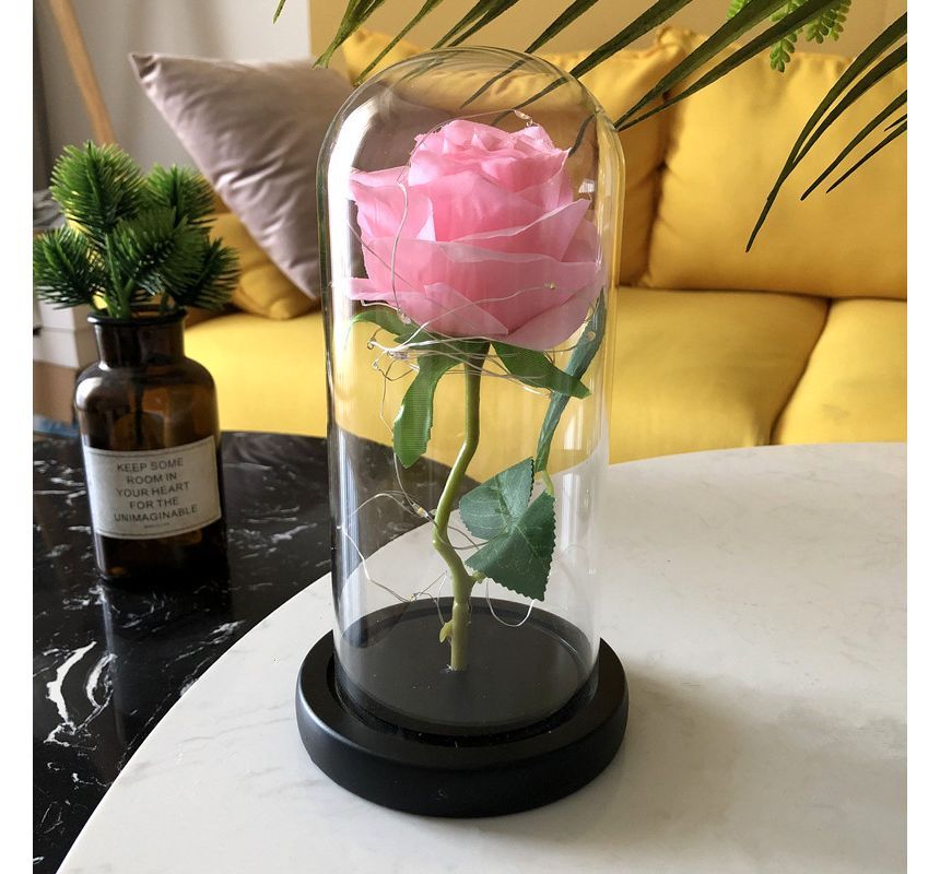 HOMTEC - Kunstbloem met glazen koepeldisplay en lichtsnoer