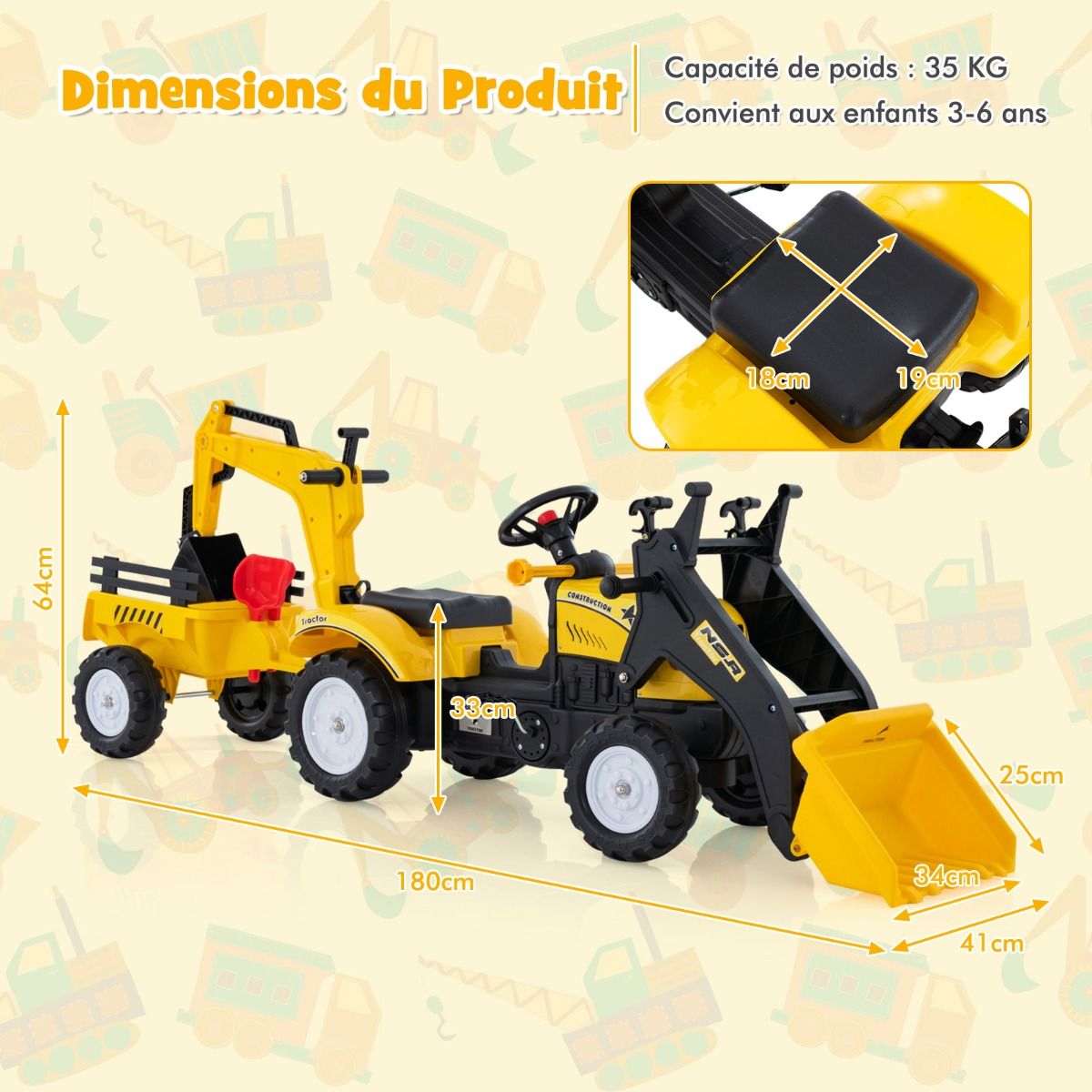 3 en 1 Tracteur pour Enfant avec 6 Roues Jouet Pelle Remorque Amovible avec Volant Klaxon 3 à 6 Ans Jaune/Vert - Lidl-Manfred